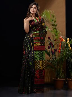 CHARUKRITI - Black Handwoven Saree with Multicolour Floral Designs & Motifs
