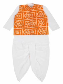 LITTLE GINNIE - Boys White Dhoti Kurta with Orange Bandhani Jacket (Set of 3)