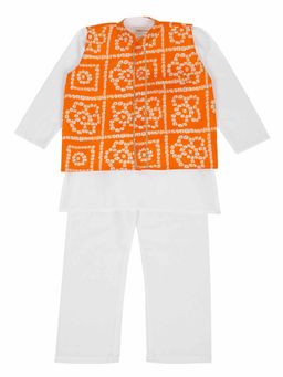 LITTLE GINNIE - Boys White Kurta Pyjama with Orange Bandhani Jacket (Set of 3)