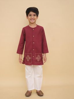 LITTLE GINNIE - Boys Maroon Embroidered Pocket Kurta with Pyjama