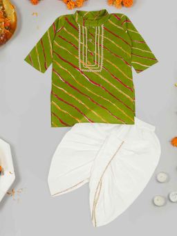 LITTLE GINNIE - Boys Green Leheriya Printed Kurta with Dhoti