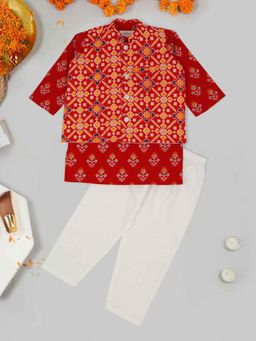 LITTLE GINNIE - Red Block Print Jacket with Kurta and Pyjama (Set of 3)