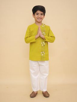 LITTLE GINNIE - Boys Lime Green Embroidered Cotton Kurta with Pyjama