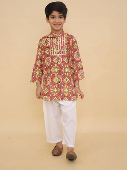 LITTLE GINNIE - Boys Red Printed Cotton Kurta with Pyjama