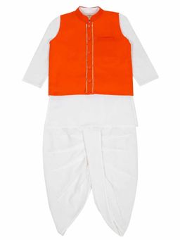 LITTLE GINNIE - Boys White Solid Kurta with Dhoti and Orange Jacket (Set of 3)