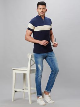 Globus - Men Navy Blue Colourblocked Cotton High Neck Regular Fit T-shirt