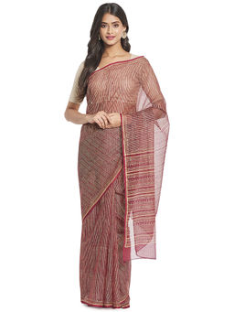 Fabindia - Maroon Hand Block Print Cotton Silk Saree