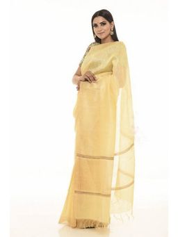 Beatitude - Yellow Handwoven Silk Linen Saree with Unstitched Blouse Gold Tone Design