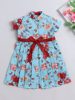 The Magic Wand - Blue Printed Knee Length Dress and Belt (Set of 2)