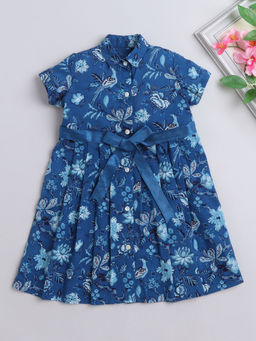 The Magic Wand - Blue Printed Knee Length Dress and Belt (Set of 2)