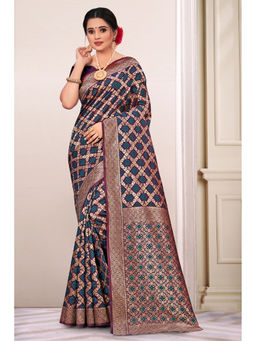 Sangam Prints - Navy Blue Woven Zari Work Traditional Saree with Unstitched Blouse