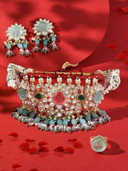 Zaveri Pearls - Multicolor Multistrand Kundan Choker Necklace Earring Ring-ZPFK15870