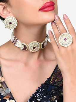Zaveri Pearls - Purple Multistrand Kundan Choker Necklace Earring and Ring Set-ZPFK15872