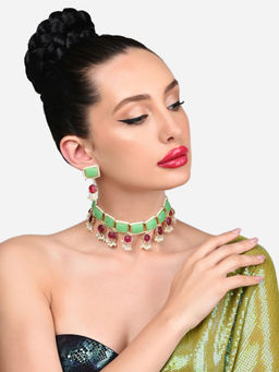 Zaveri Pearls - Green Pink Stones Pearls Drop Choker Necklace and Earring Set-ZPFK15873