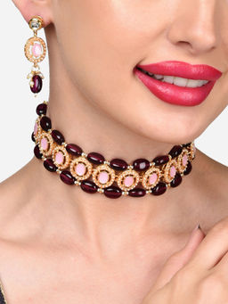 Zaveri Pearls - Pink Purple Stones Beads Choker Necklace and Earring Set-ZPFK15874