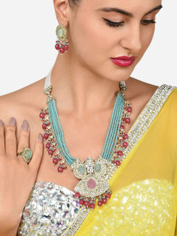 Zaveri Pearls - Multicolor Multistrand Kundan Necklace Earring Ring Set-ZPFK15875
