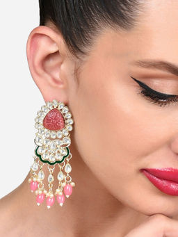 Zaveri Pearls - Pink Stones and Beads Minimal Green Meenakari Drop Earring-ZPFK15886