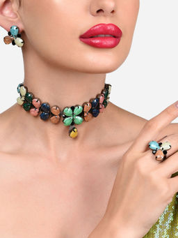 Zaveri Pearls - Multicolor Stones Choker Necklace Earring and Ring Set-ZPFK15889