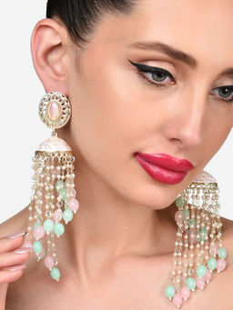 Zaveri Pearls - Green Pink Beaded Chain Fringe Meenakari Jhumki Earring-ZPFK15890