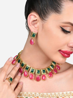 Zaveri Pearls - Pink and Green Antique Teardrop Necklace Earring and Ring Set-ZPFK15891