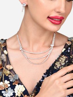 Zaveri Pearls - Rose Gold Cubic Zirconia Layered Party Necklace and Earring Set-ZPFK15892