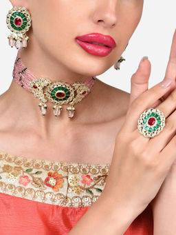 Zaveri Pearls - Pink Green Multistrand Enamel Necklace Earring Ring Set-ZPFK15896