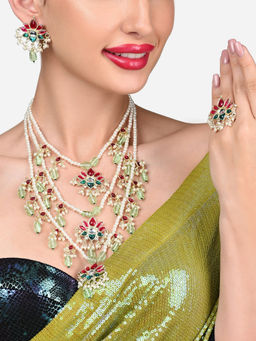 Zaveri Pearls - Pink Green Multilayer Kundan Necklace Earring and Ring Set-ZPFK15897