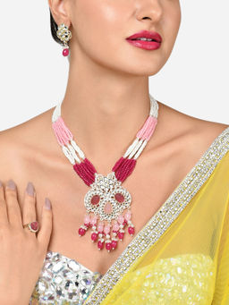 Zaveri Pearls - Pink Multistrand Crystal Bridal Necklace Earring Ring Set-ZPFK15902