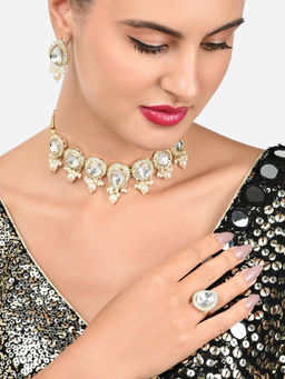 Zaveri Pearls - Gold Tone Austrian Diamonds Choker Necklace Earring Ring Set-ZPFK15904