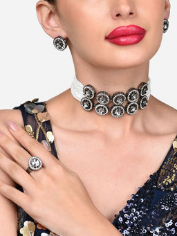 Zaveri Pearls - Silver Austrian Diamonds Choker Necklace Earring Ring Set-ZPFK15906