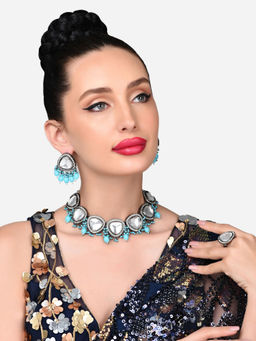 Zaveri Pearls - Turquoise Blue Kundan Choker Necklace Earring Ring Set-ZPFK15907