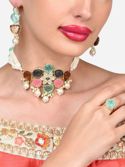 Zaveri Pearls - Multicolor Multistrand Choker Necklace Earring and Ring Set-ZPFK15909