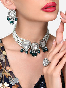 Zaveri Pearls - Green Multistrand Stones Choker Necklace Earring and Ring Set-ZPFK15912