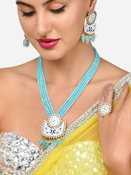 Zaveri Pearls - Blue White Peacock Multistrand Necklace Earring Ring Set-ZPFK15914