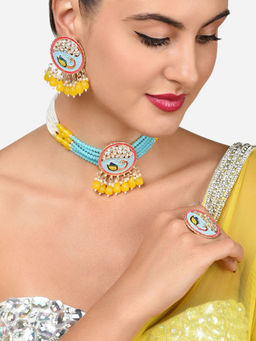 Zaveri Pearls - Multicolor Meenakari Peacock Necklace Earring Ring Set-ZPFK15915