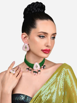 Zaveri Pearls - Pink Green Multistrand Meenakari Necklace Earring Ring Set-ZPFK15917