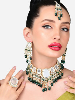 Zaveri Pearls - Green Kundan Choker Necklace Earring Maangtikka Ring Set-ZPFK15918