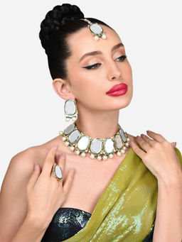Zaveri Pearls - Green Kundan Choker Necklace Earring Maangtikka Ring Set-ZPFK15919