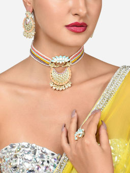 Zaveri Pearls - Multicolor Multistrand Enamel Lotus Necklace Earring Ring Set-ZPFK15921