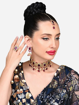 Zaveri Pearls - Dazzling Purple Choker Necklace Earring Maangtikka and Ring Set-ZPFK15922