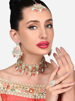 Zaveri Pearls - Peach Mint Green Kundan Necklace Earring Maangtikka Ring Set-ZPFK15924