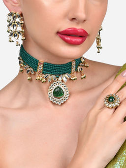 Zaveri Pearls - Green Multistrand Kundan Lotus Necklace Earring Ring Set-ZPFK15938
