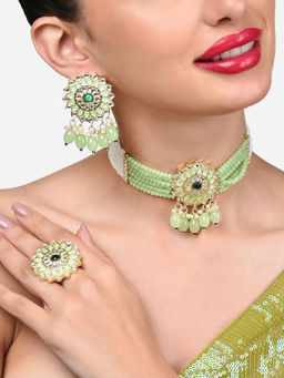 Zaveri Pearls - Green Multistrand Kundan Choker Necklace Earring and Ring Set-ZPFK15939
