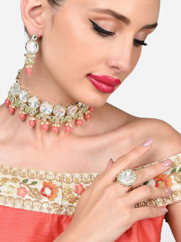 Zaveri Pearls - Green Pink Beads Kundan Choker Necklace Earring and Ring Set-ZPFK15940