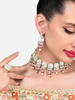 Zaveri Pearls - Multicolor Meenakari Lotus Kundan Necklace Earring and Ring Set-ZPFK15941