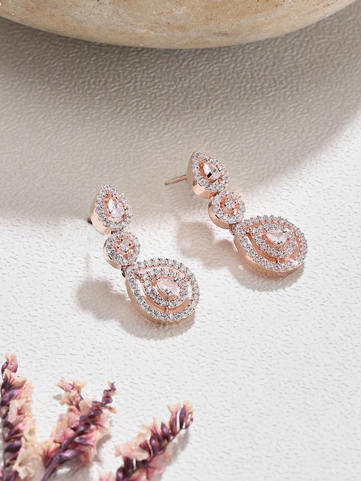 Zaveri Pearls Rose Gold Dazzling Cubic Zirconia Contemporary Drop Earring-ZPFK15943