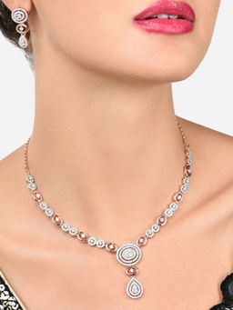Zaveri Pearls - Rose Gold Dazzling Cubic Zirconia Necklace and Earring Set-ZPFK15948