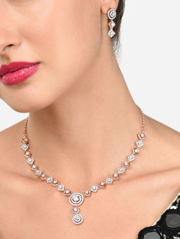 Zaveri Pearls - Rose Gold Dazzling Cubic Zirconia Necklace and Earring Set-ZPFK15950