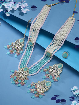 Zaveri Pearls - Turquoise Blue Pink Necklace Earring Maangtikka Ring Set-ZPFK15975