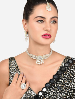 Zaveri Pearls - Gold Kundan Clustered Necklace Earring Maangtikka Ring Set-ZPFK15976